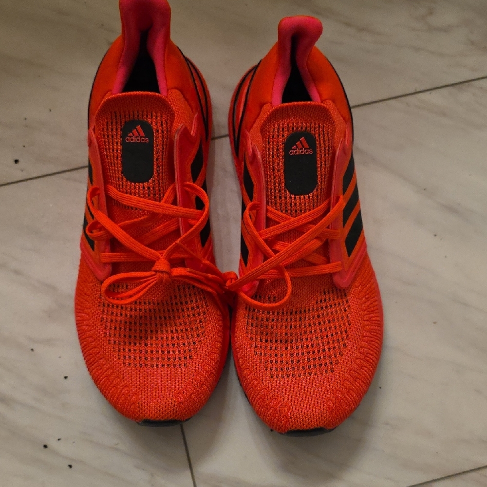 adidas Orange Knit Athletic Sneakers with Black Stripes